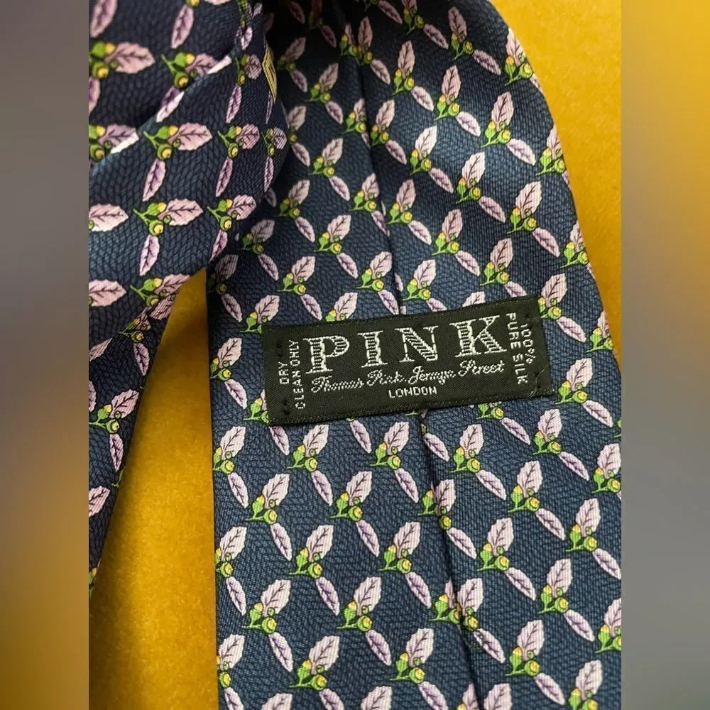 Thomas PINK Blue Silk Neck Tie Purple Leaves